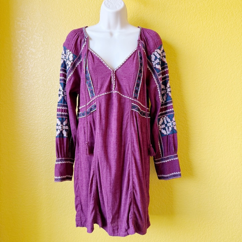 Free People Purple Blue Embroidered Cotton Boho Chic Dress with ties size xs